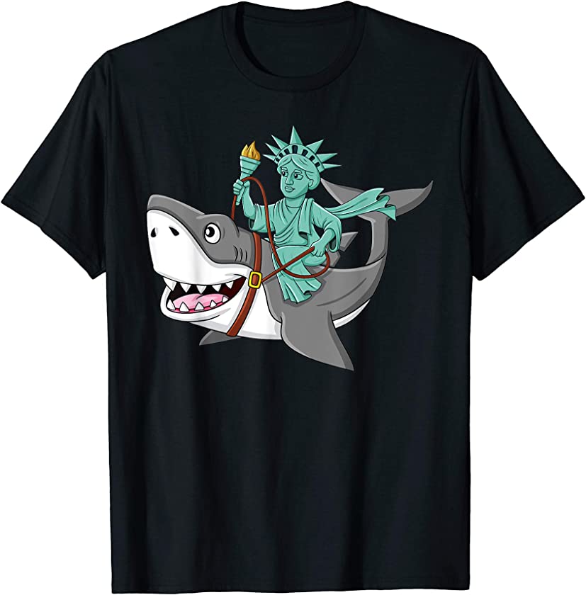 4th Of July Statue Of Liberty Riding Shark Boys Girls Kids T-Shirt