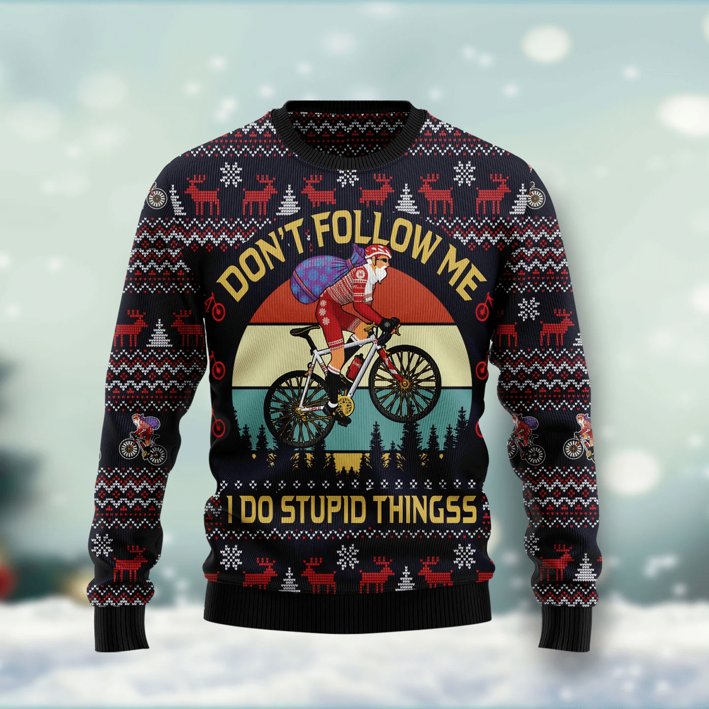 Satan Claus On Mountain Bike Don’T Follow Me I Do Stupid Thingss Christmas Ugly Sweater