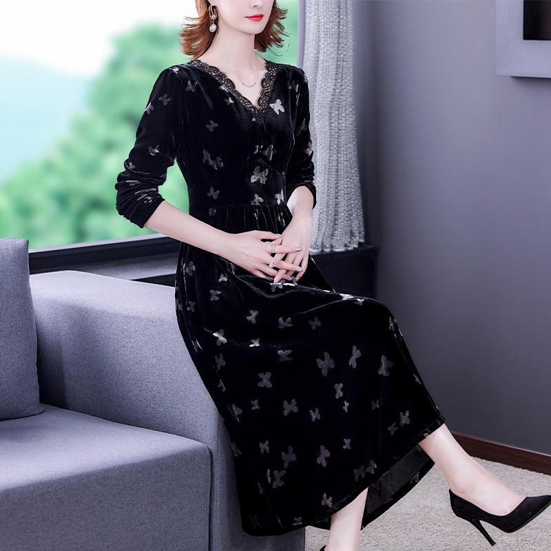 Autumn Winter Black Velvet Warm Floral Midi Dress Women Elegant Bodycon Office Dresses 2021 New Korean Vintage Casual Vestidos alx