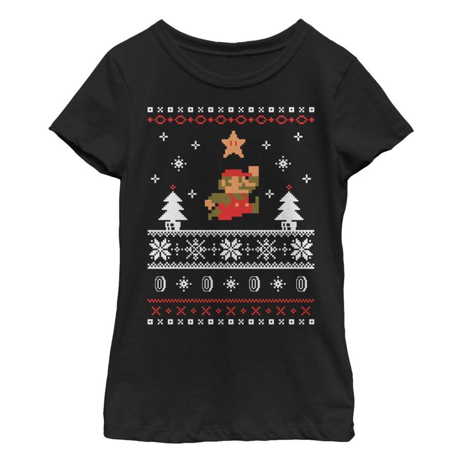 Nintendo Girl’s Ugly Christmas Mario Jump Star  T Shirt