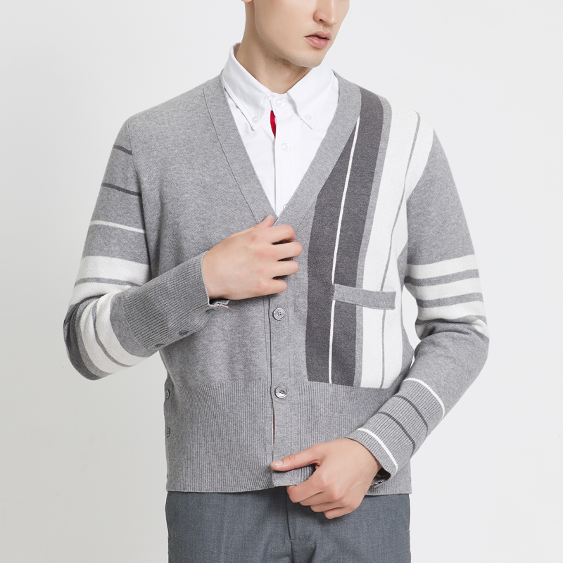 TB THOM Men’s Long-Sleeve Cardigan Sweater Soft Knit Sweater for Men Cotton 4-Bar Stripe V-Neck Korean Style Men Sweaters alx