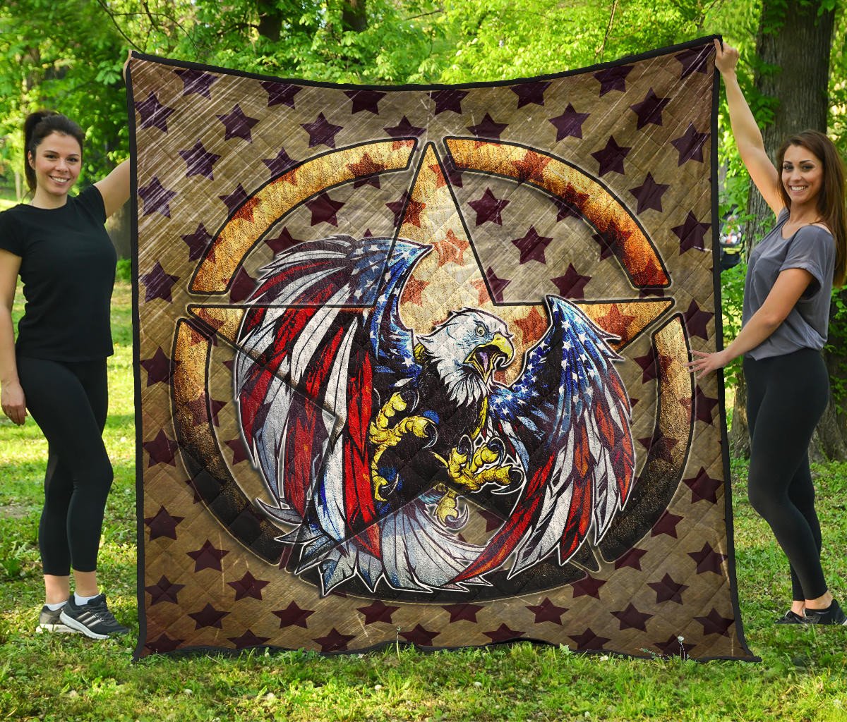 Us Independence Day Flying Eagle On Metal Star Premium Quilt Blanket