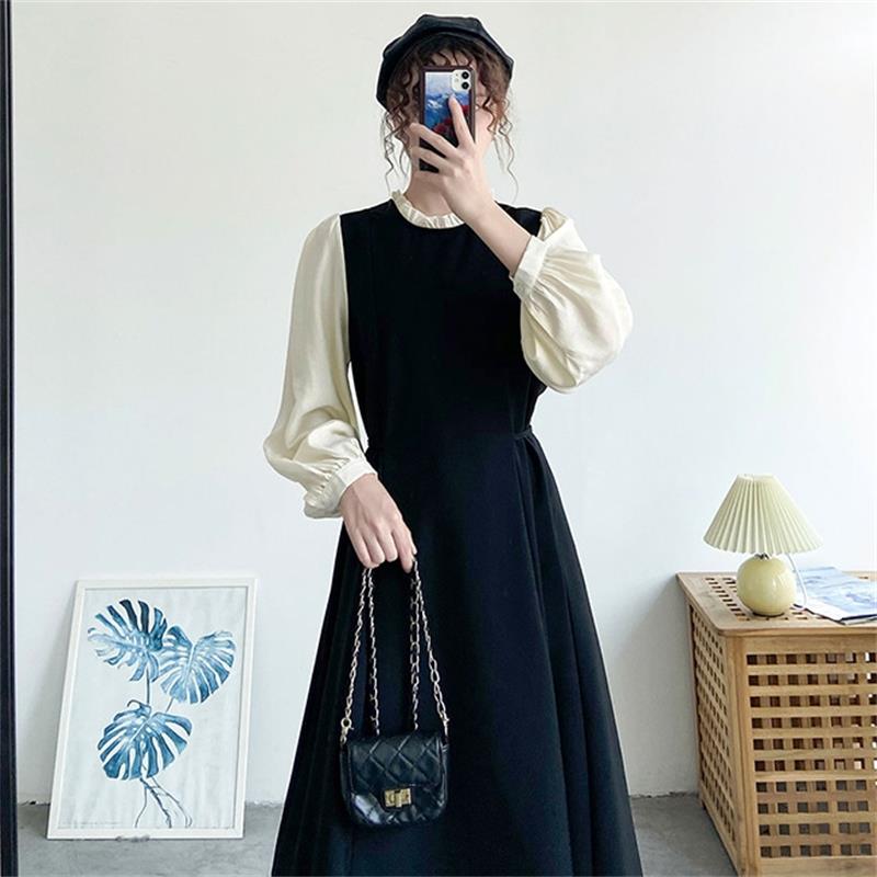 Vintage Patchwork Women O-Neck Dress Long Sleeve Fake Two Piece Dress Elegant High Waist Black White Mid Long Frocks Vestidos alx