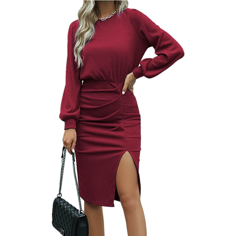 Auutmn Fashion 2022 Lantern Long Sleeve Slim Package Hips Dress Women Casual Thread O-neck Knitted Slit Office Black Dresses alx