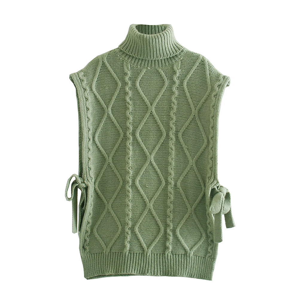 XIKOM 2021 Autumn Green Women Knitted Vest Turtleneck Lace Up Women Vest Top Sleeveless Streetwear Sleeveless Sweater Women alx