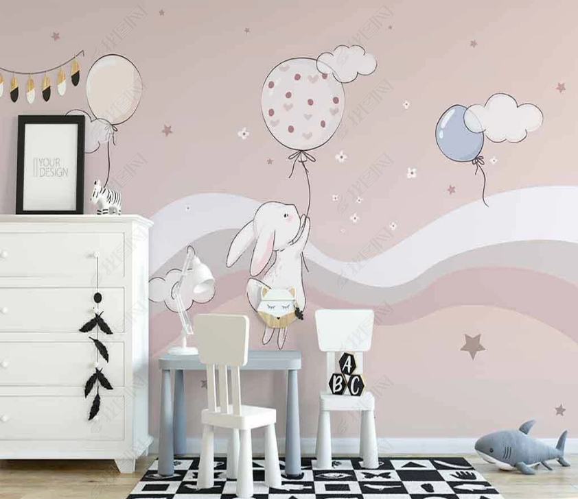 3D Cartoon Mountain Balloon Bunny Wall Mural Wallpaper Lqh 67