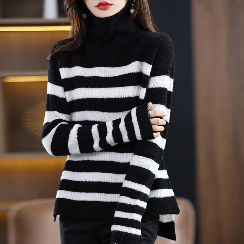 Turtleneck Striped Knitwears for Women Sweaters Pullover Cashmere Female Clothing 100% Wool Long Sleeve Top Knit Fashion Jumpers alx