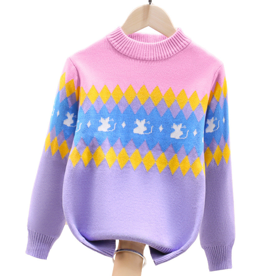 2022 New Spring Girls’ Sweater Cartoon Diamond Pattern Kids Pullover Cotton For Children’s Age 4 6 8 10 12 14 15 Yaers Wear alx