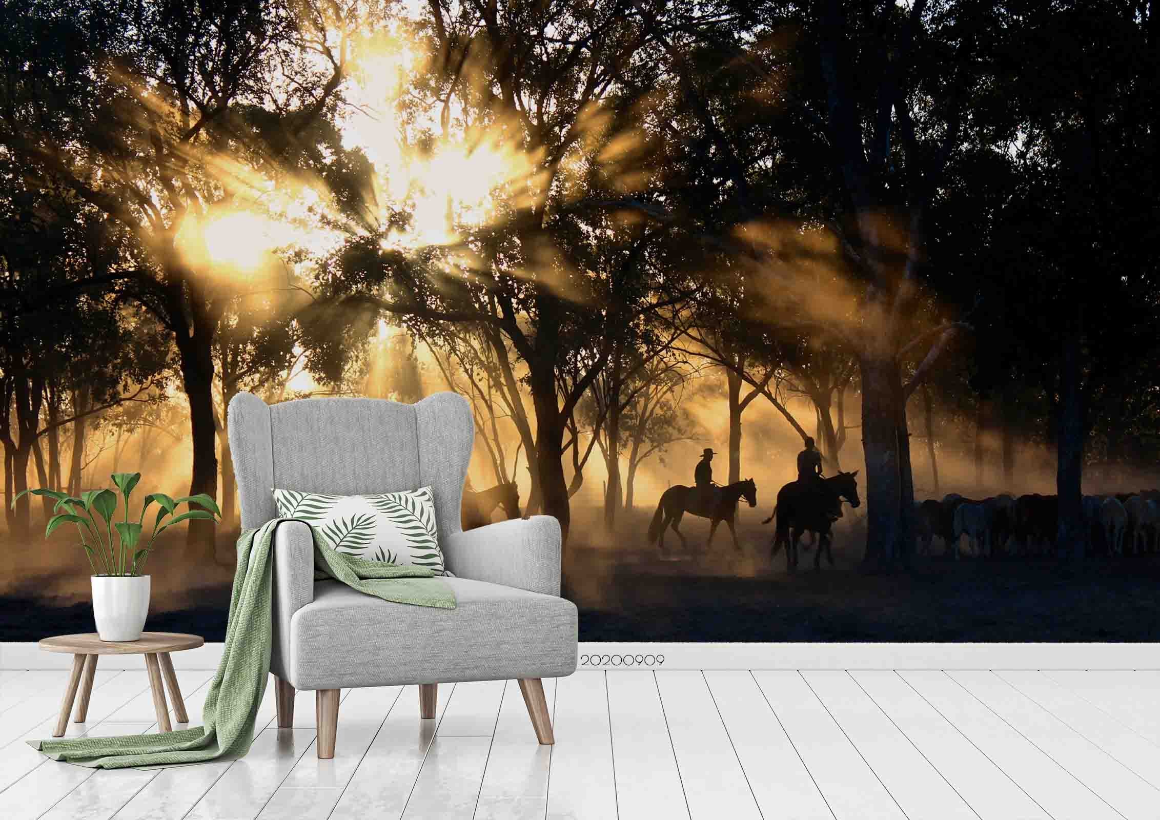 3D Sunset Glow Dark Forest Tree Horse Animal Wall Mural Wallpaper Lxl 4398