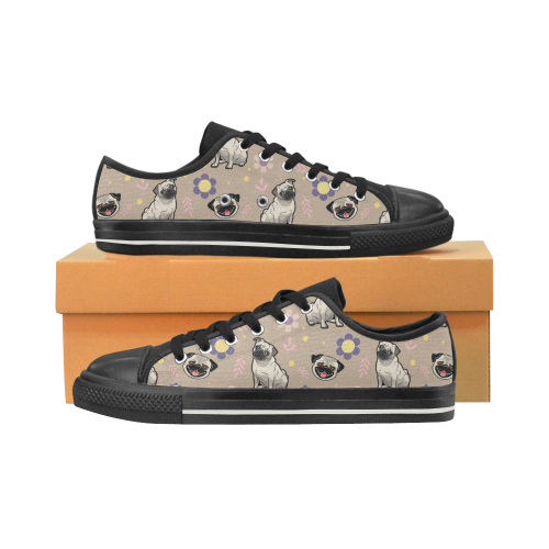 Pug Flower Black Low Top Canvas Shoes for Kid (Model 018)