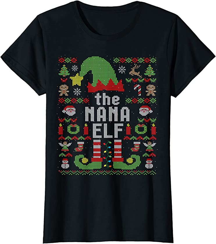 Womens The Nana Elf Ugly Christmas Matching Family Group T-Shirt