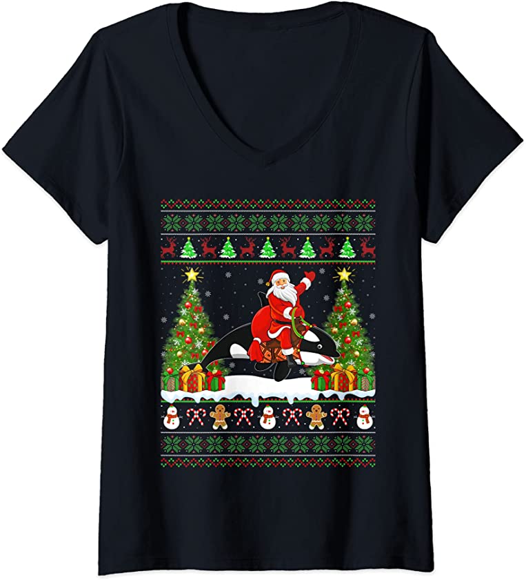 Womens Orca Fish Lover Funny Ugly Santa Riding Orca Christmas V-Neck T-Shirt