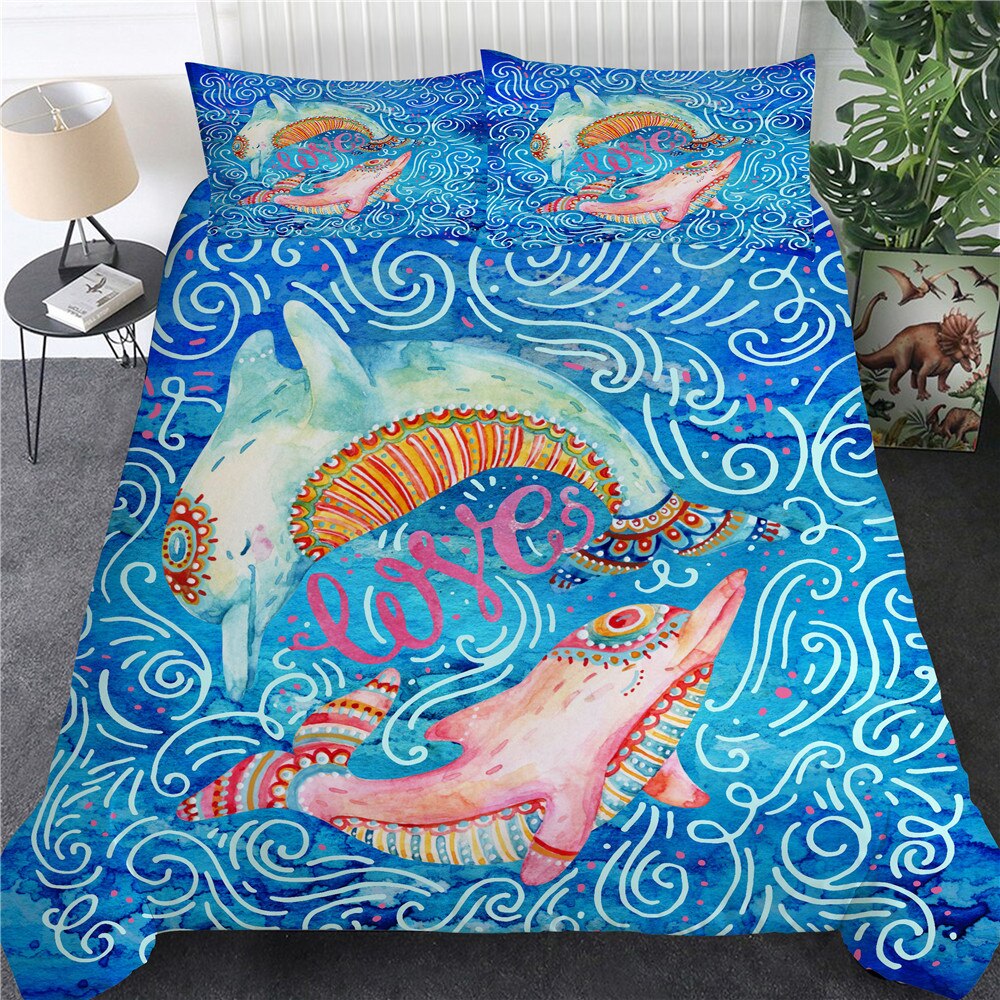 Cartoon Dolphin Bedding Set 3D Duvet Cover Set Comfortable Queen King Full Size For Grils Bedroom Bed Sets