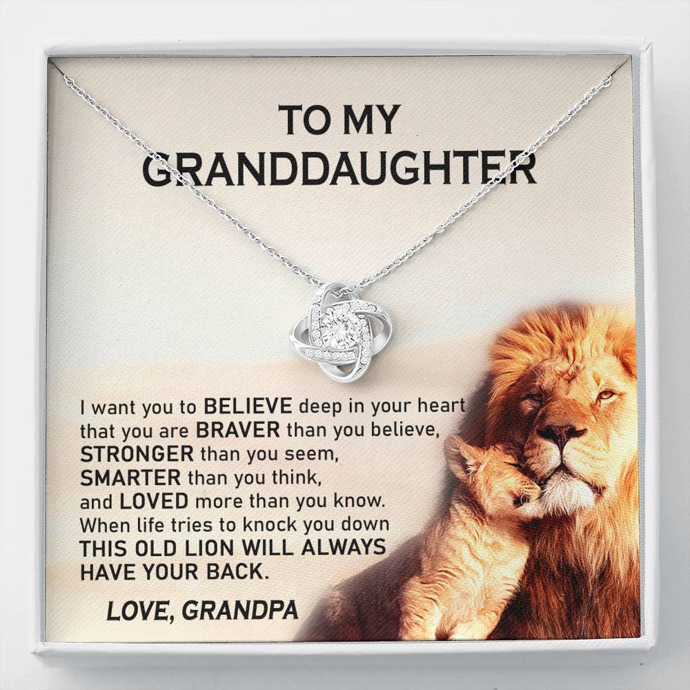 To My Granddaughter – This Old Lion Will Always Have Your Back- Love, Grandpa – Love Knot Necklace