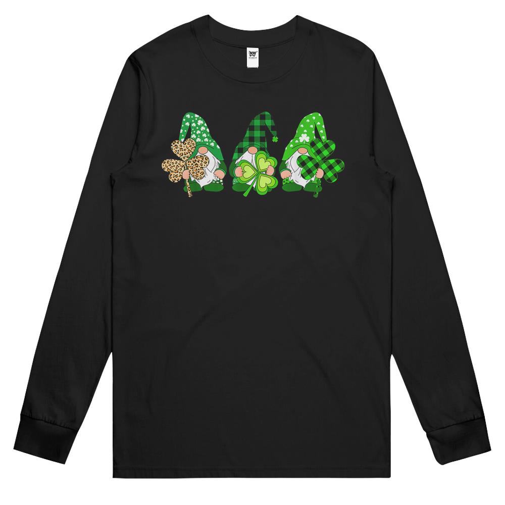 Three Gnomes Holding Shamrock Plaid Leopard St Patrick’S Day Long Sleeve T Shirts