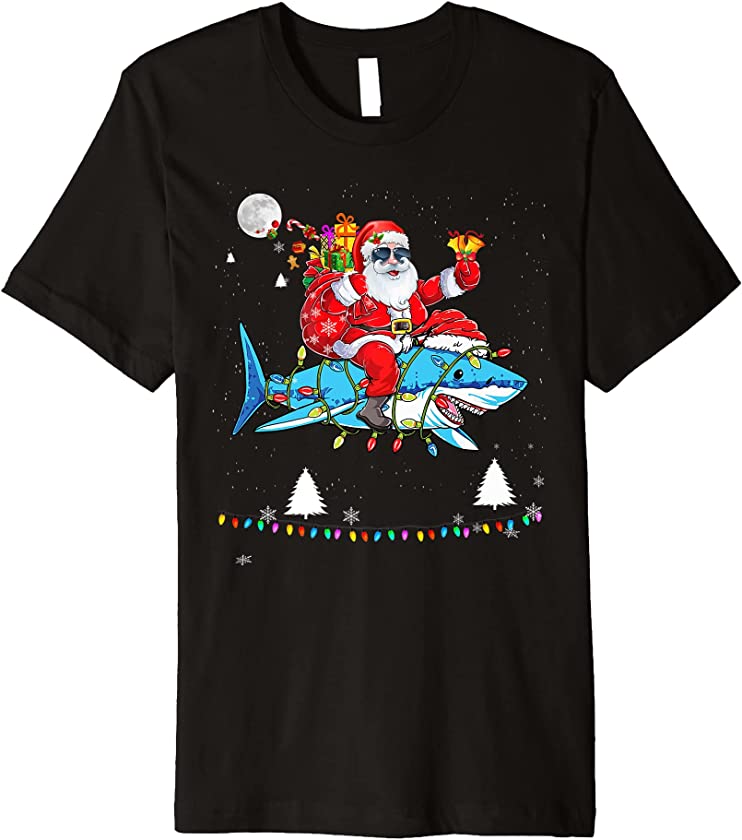 Christmas Santa Claus Riding Shark Lights Xmas Holiday Premium T-Shirt