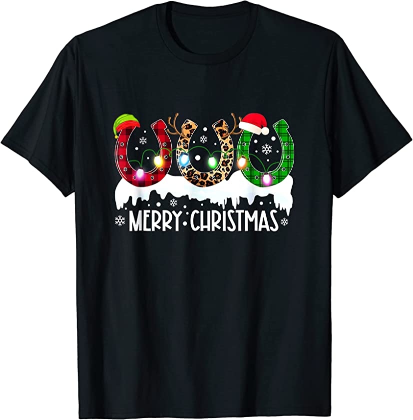 Red Plaid Leopard Horseshoe Merry Christmas Lights T-Shirt