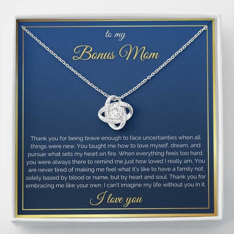 Bonus Mom Necklace, Step Mom Gift For Christmas, Birthday & Mother’S Day Unique Message Card From Daughter, Son To Stepmom