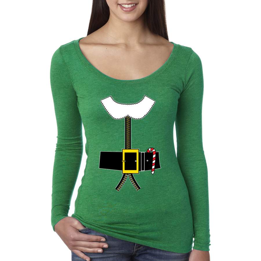 Santa Suit with Beard Belt Candy Cane Christmas Womens Scoop Long Sleeve Top