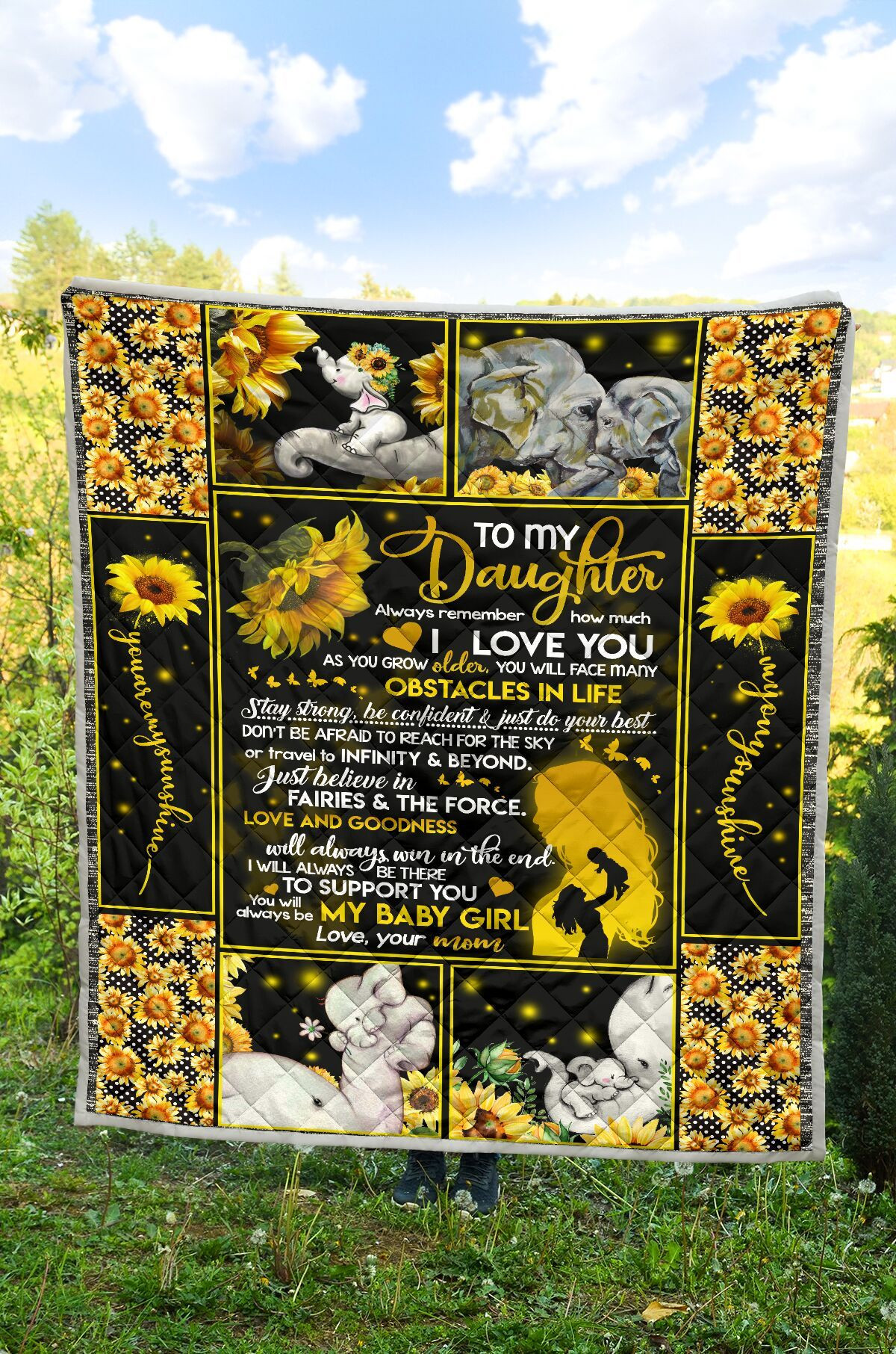 Personalized Elephant Sunflower To My Daughter Quilt Blanket From Mom You’Ll Always Be My Baby Girl Great Customized Blanket Gifts For Birthday Christmas Thanksgiving