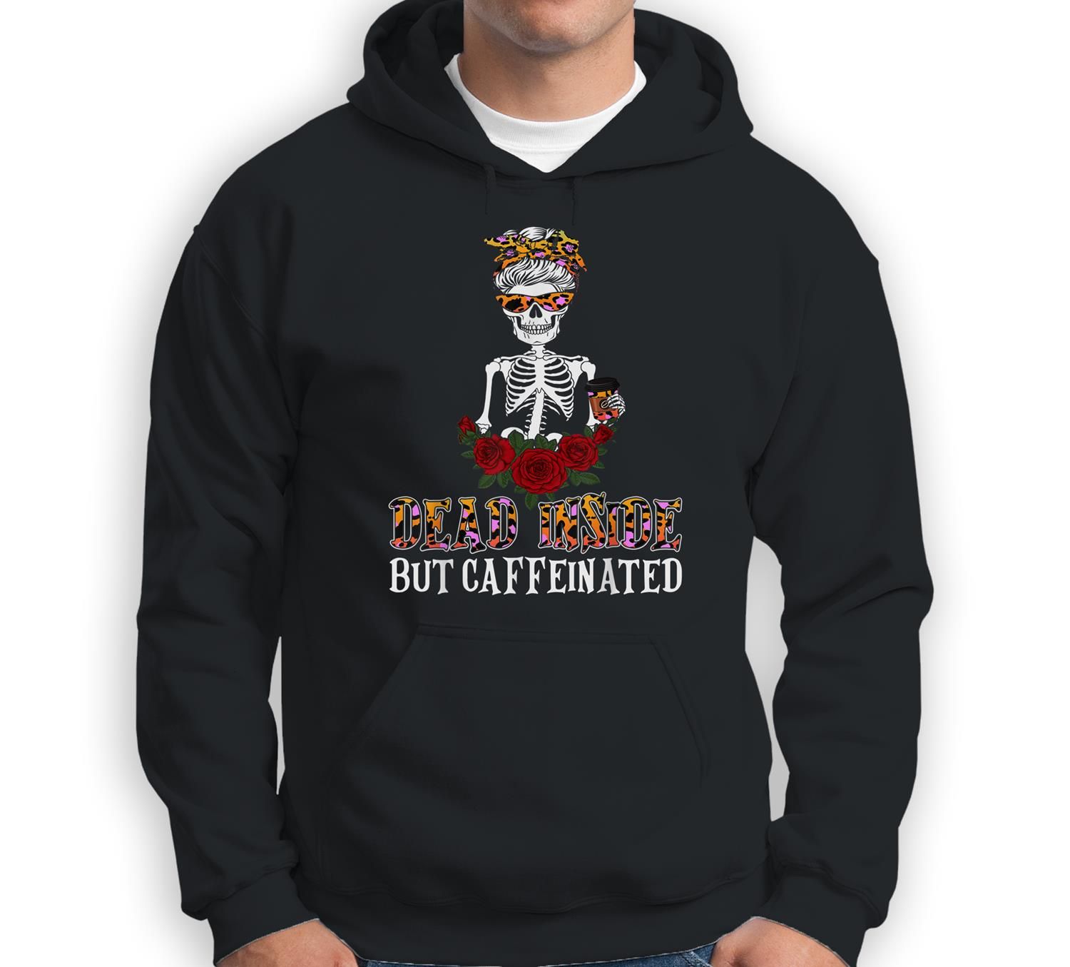 Dead Inside Funny Skeleton Drinking Coffee Leopard Halloween Sweatshirt & Hoodie