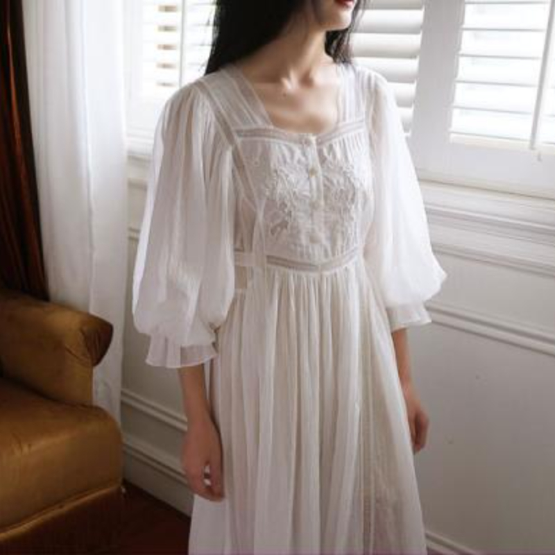 Vintage Embroidered Cotton Nightgowns Women Spring Autumn Princess Sleepwear Lace Peignoir Nightwear Victorian Long Night Dress alx