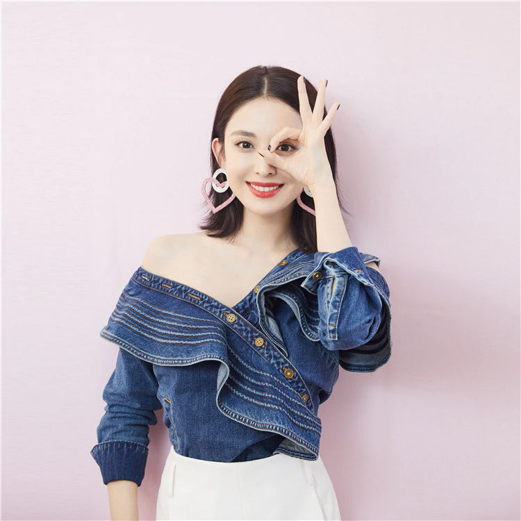 V-Neck One Shoulder Ruffles Denim Shirt