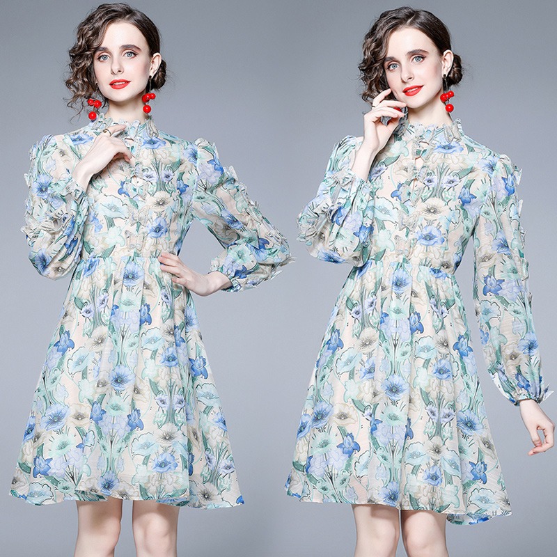 Summer Fall Personality Blue Floral Print Butterfly Hollow out Spliced Stand Neck Long Puff Sleeve Women Sweet A-Line Midi Dress alx