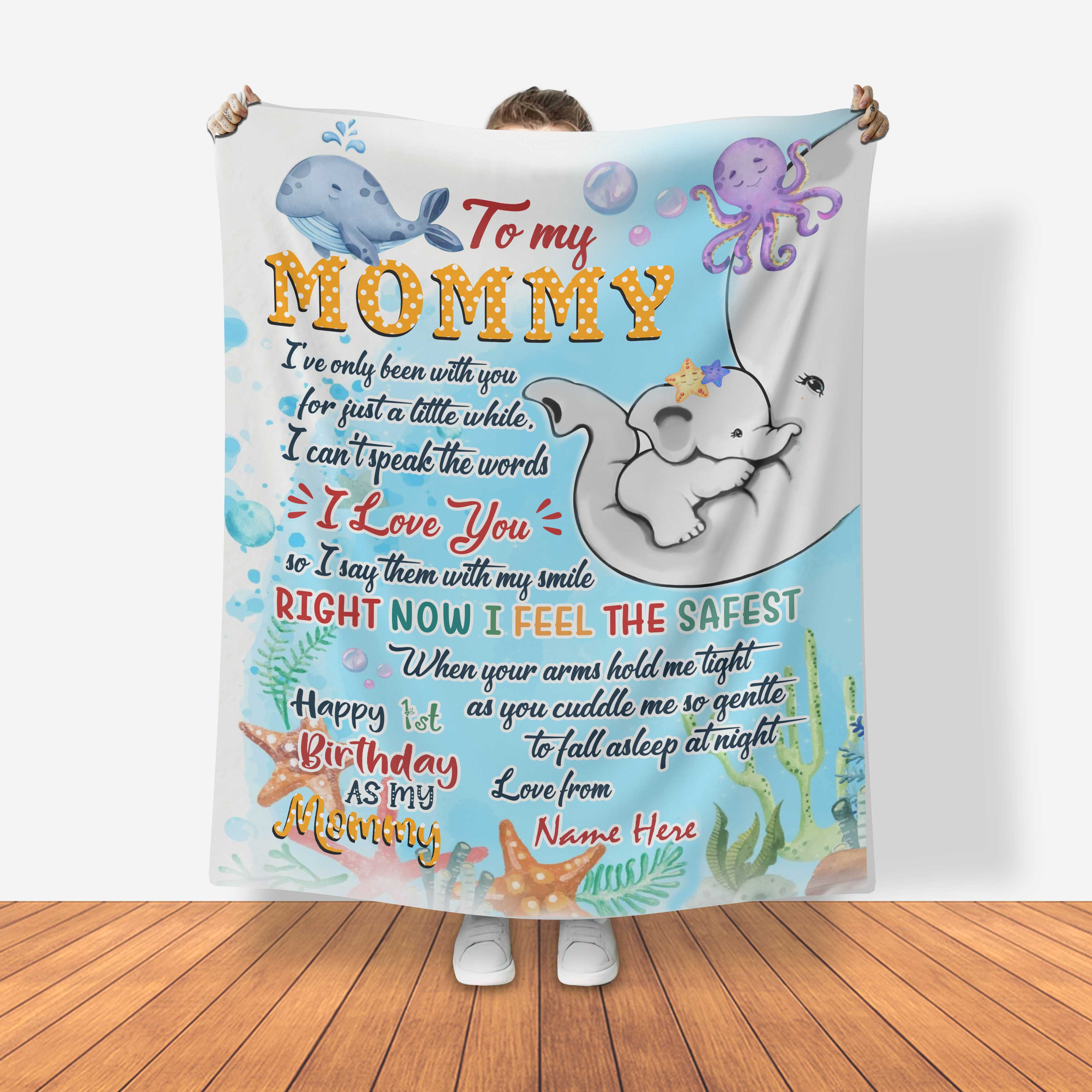 Happy 1St Birthday As My Mommy – Personalized Summer Beach Blanket – Birthday Gift For Mom, Mother, Cute Elephant Blanket