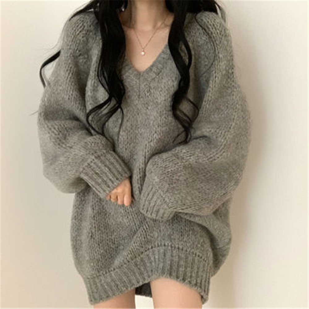 2021 Fall Fashion Long Sleeve Simple Loose Oversize Female Autumn Cozy Sweaters Knitted Korean Stylish Women V-neck Pullovers alx