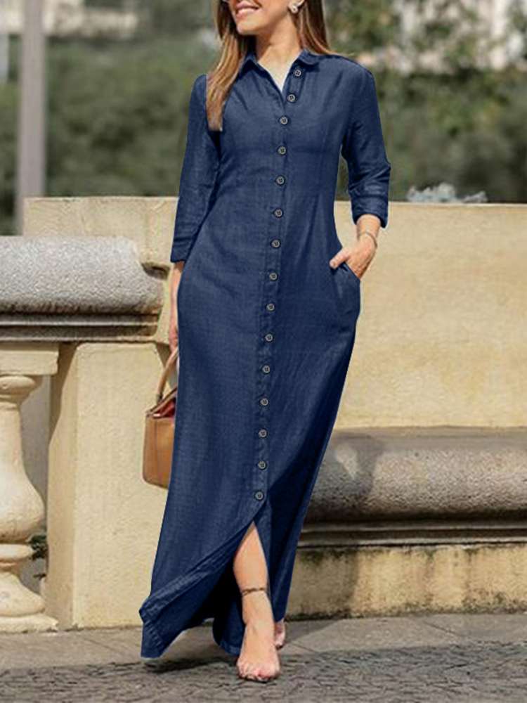 VONDA 2022 Autumn Women Denim Maxi Dresses Elegant Party Sundress Fashion Casual Long Sleeve Solid Button Up Lapel Shirt Vestido alx