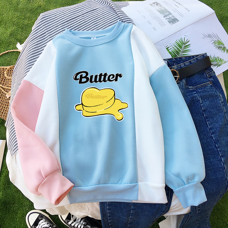 Bangtan Boys BUTTER Hoodie Women Hit Color Spliced O-neck Hooded Casual Korean Kpop Fashion Kawaii Female y2k Sweatshirt Clothes alx