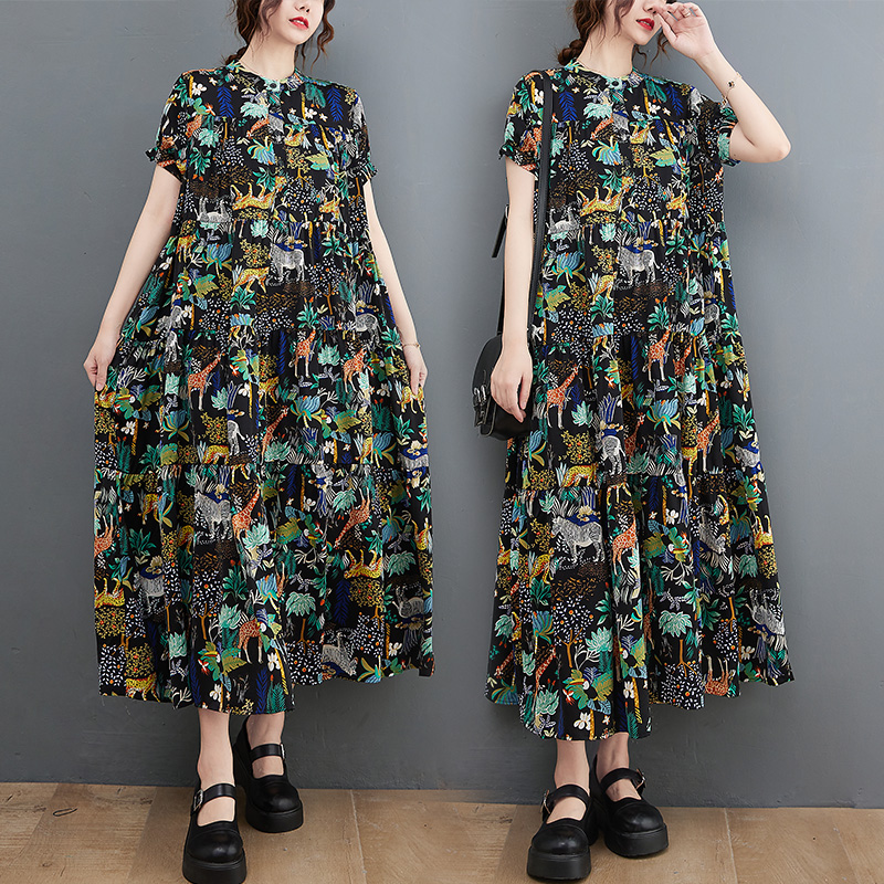 2022 New Arrival Print Floral Korea Style Street Fashion Black Summer Dress Loose Women Holiday Travel Casual Dress alx