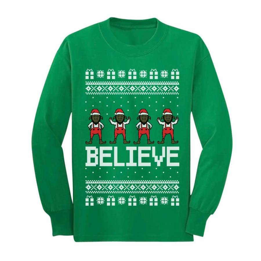 Believe Black Santa Elves Ugly Christmas Sweater Youth Kids Long Sleeve T-Shirt