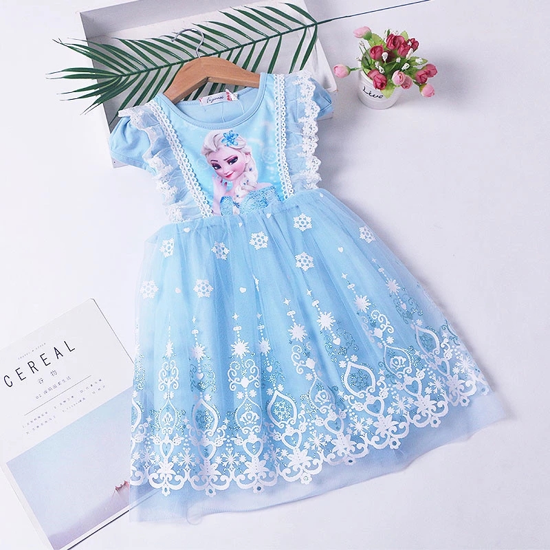 Summer Kids Dresses for Girls Frozen Elsa Lace Sequins Mesh Party Princess Dress Teen Children Costume Birthday Outfits alx