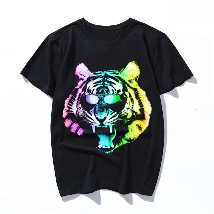 Big Rainbow Tiger With Glasses T Shirt Women/Men Art Print Oil Aesthetic Cute Funny Tshirt 90S Cartoon Ullzang Casual Top Tee T-Shirt