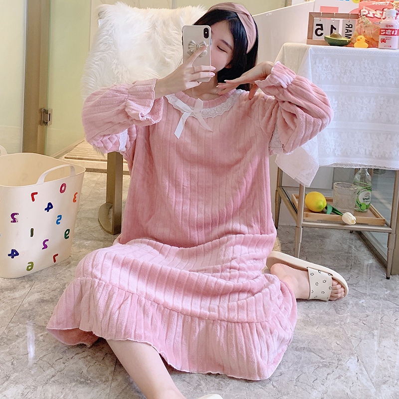 2022 Winter Plus Size Long Sleeve Thick Warm Flannel Print Nightgown for Women Cute Lace Sleepwear Night Dress Nightdress Nighty alx