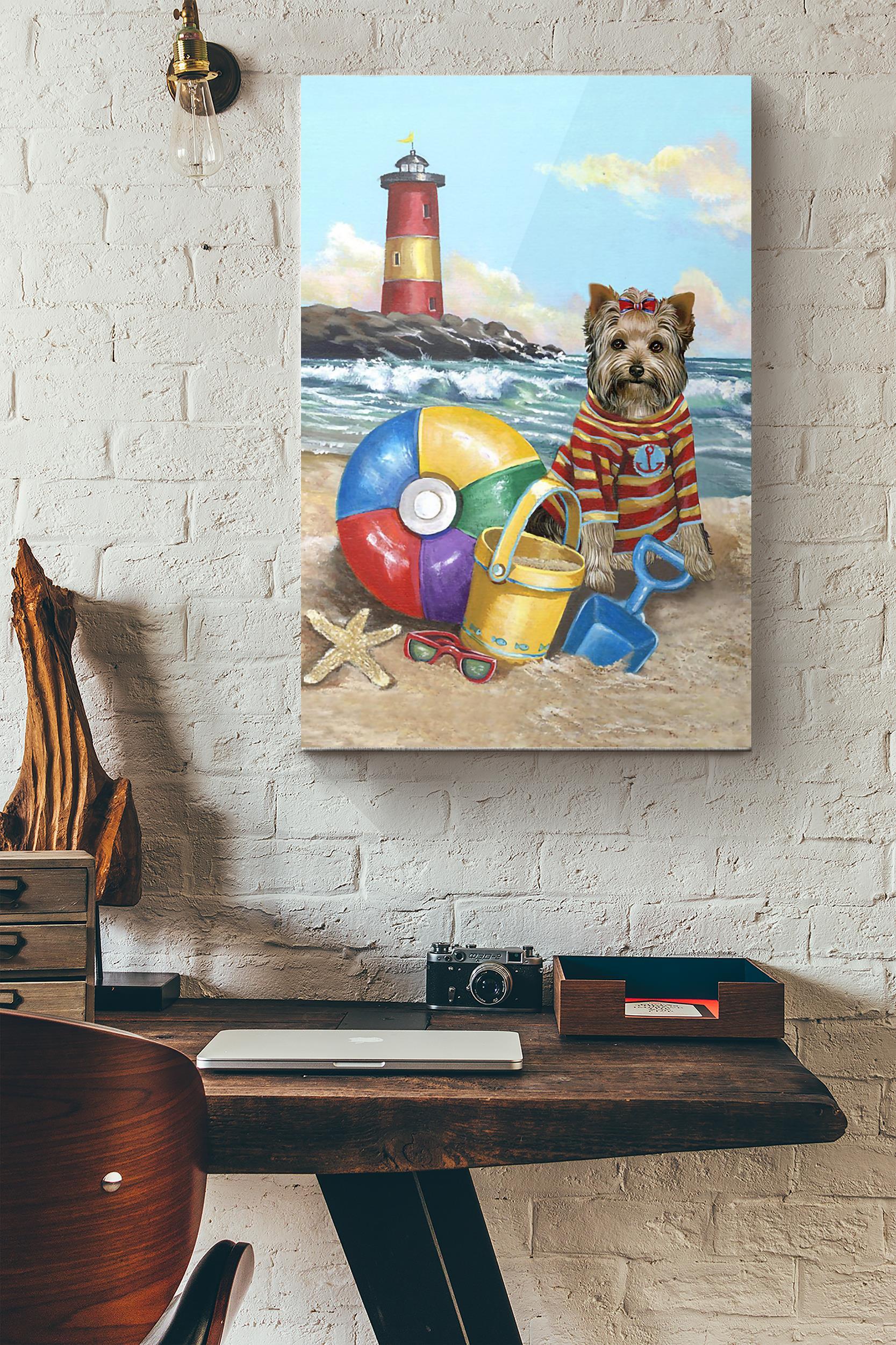 Yorkshire Terrier Puppy Play On The Beach Poster Wrapped Canvas