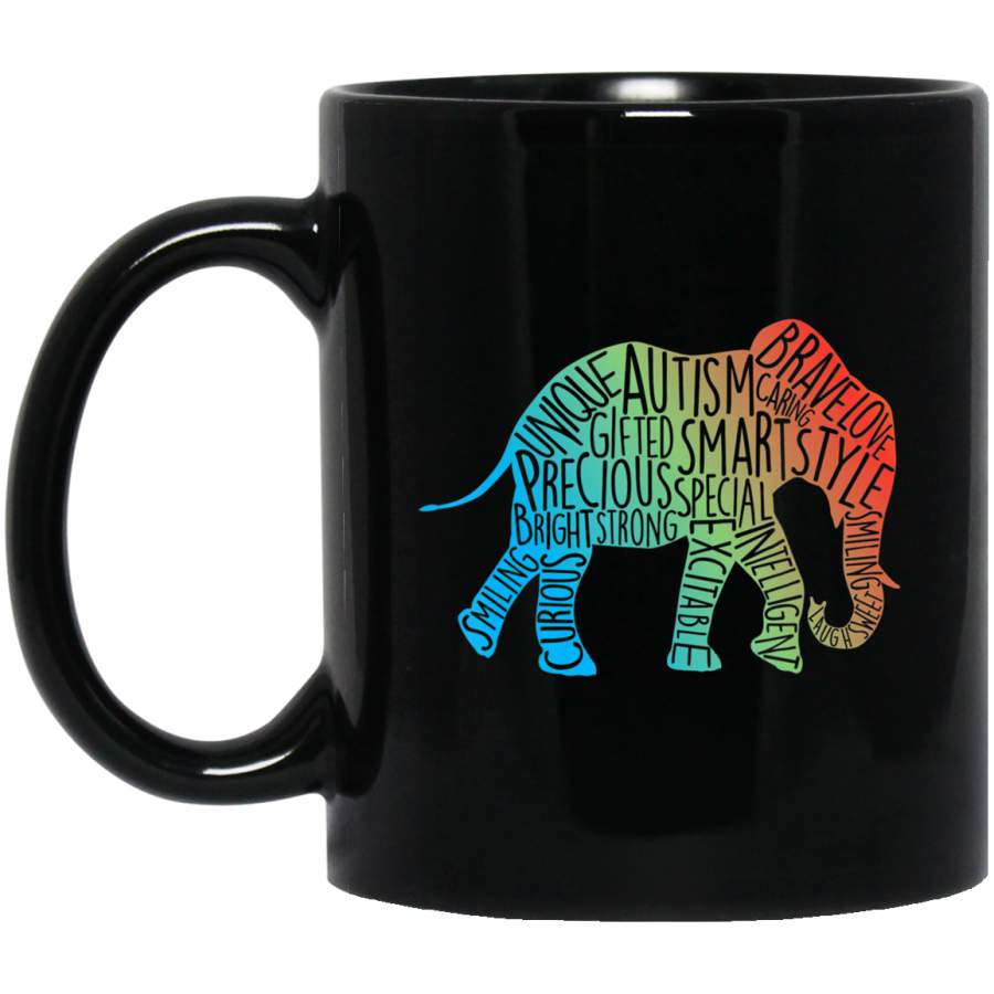 Autism Awareness Elephant Word Collage for Kid Boys 11oz 15oz Black Mug Idea 2nd April Puzzle Ribbon Support Autism Dad Mom Kids Autistic