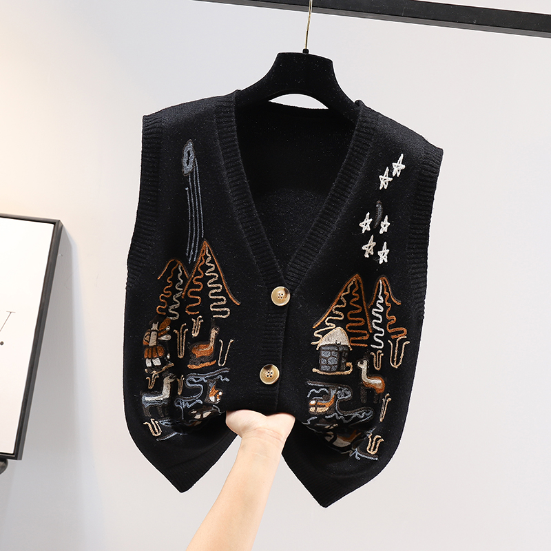 Winter Knitted Sweater Vest Women Korean Cartoon Top Vintage Sleeveless Sweater Clothing Fashion V-neck Cardigan Pull Femme24176 alx