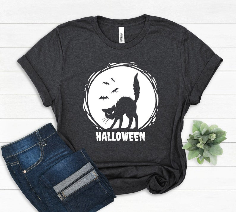 Halloween Black Cat Shirt, Halloween Full Moon Shirt, Halloween Full Moon Bat Shirt, Halloween Gift, Halloween Shirt, Halloween Spooky Shirt