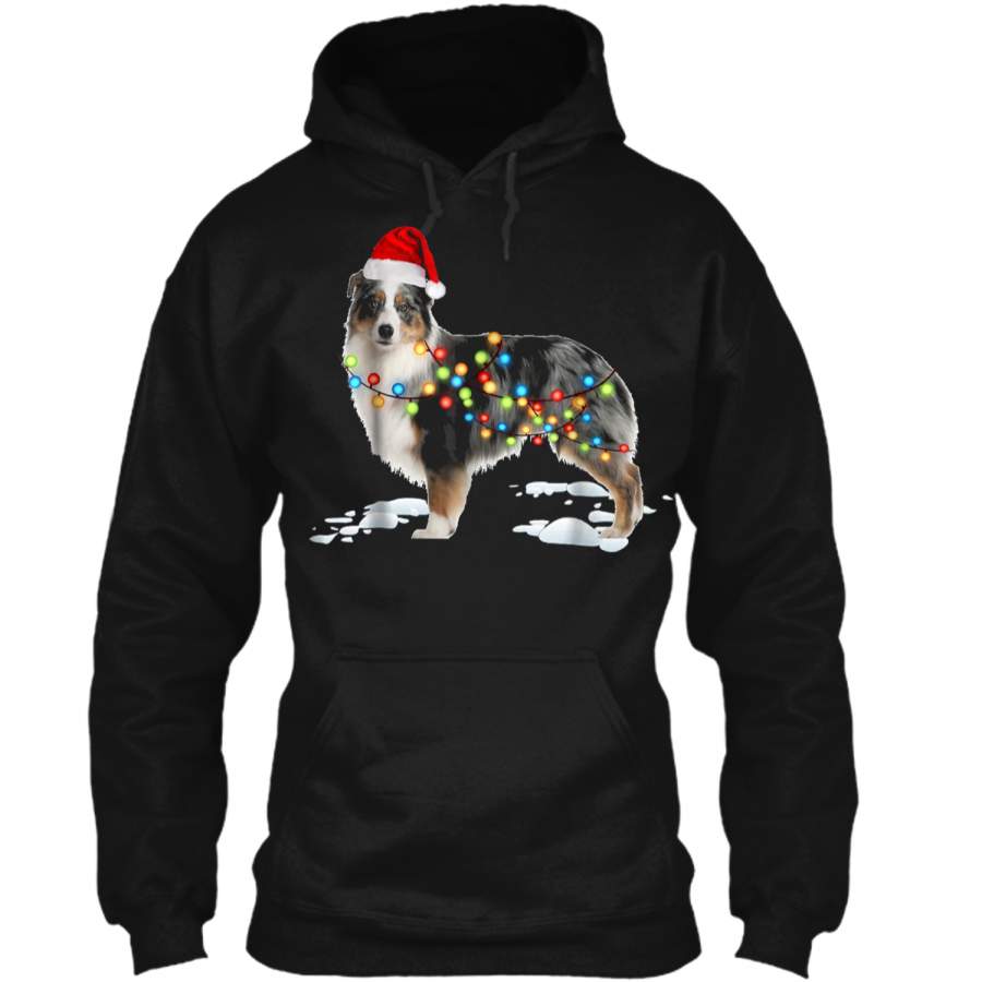 Santa Australian Shepherd Christmas Lights  Xmas Gift Pullover Hoodie 8 oz