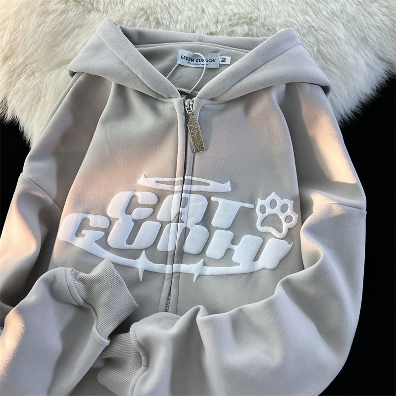 autumn and winter new silver fox velvet American street cat claw ears hooded cardigan Y2K female niche design plus velvet coat alx