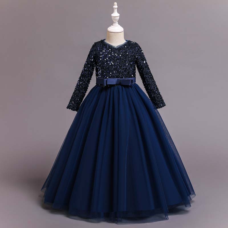 2022 Evening Dresses V-Neck Sequined Long Costumes for Girls Prom Ball Gowns 5 to 14 Years Flowergirl Birthday Wedding Frocks alx