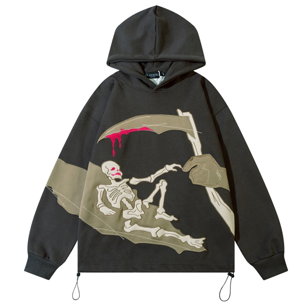 Pullovers Streetwear Printed Patchwork Skull Scythe Hoodies Harajuku