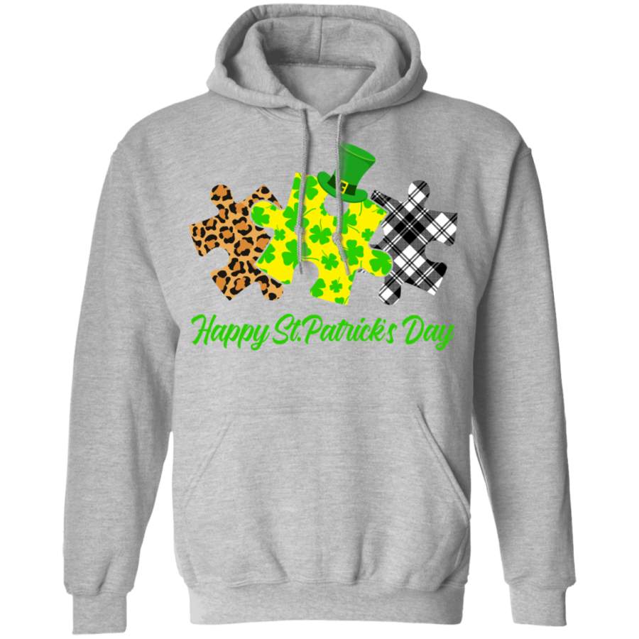 Puzzle Pieces Shamrock White Leopard Plaid Autism Awareness Autistic Children Autism Patient Kids Men Women St Patty’s Day Pullover Hoodie