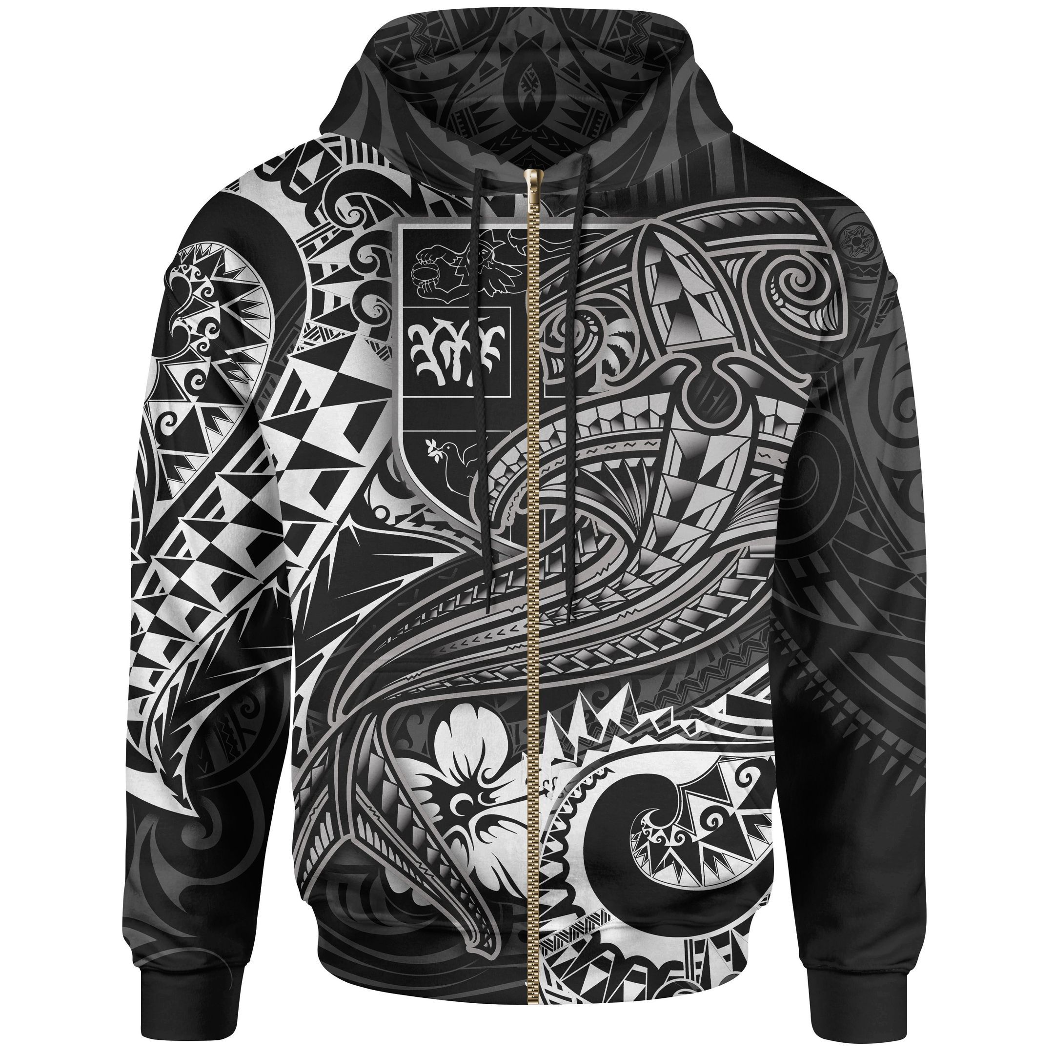 Unisex Fiji Up White Shark Polynesian Tattoo 3D Zip Hoodie All Over Print