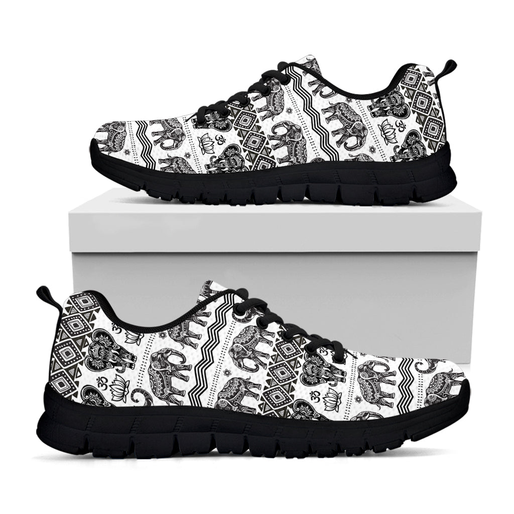 White And Black Indian Elephant Print Black Sneakers