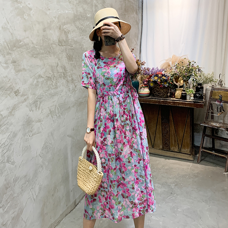 2022 New Arrival Thin Soft Print Floral Prairie Chic Holiday Travel Casual Women Summer Dress Draw String Office Lady Work Dress alx