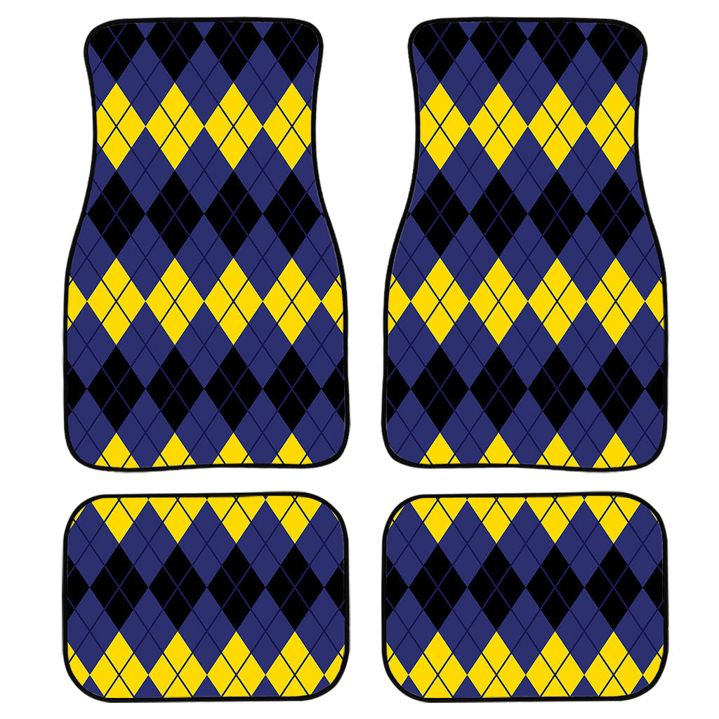 Black Yellow And Blue Argyle Print Front And Back Car Floor Mats, Front Car Mat